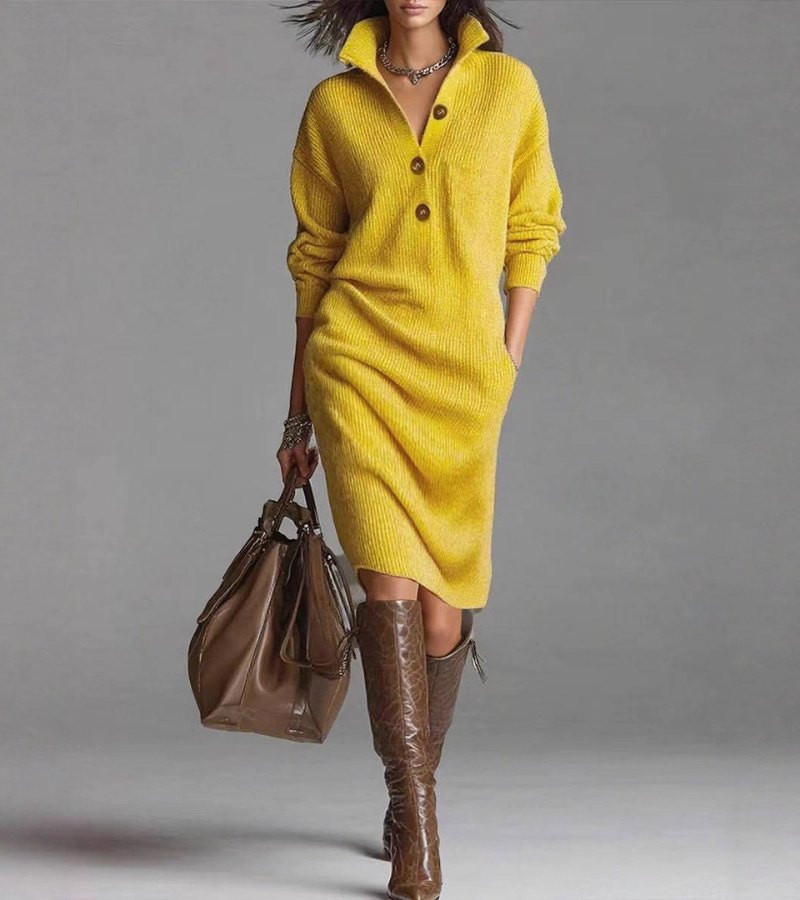 Women's beige collared button sweater midi dress with relaxed silhouette and knit fabric