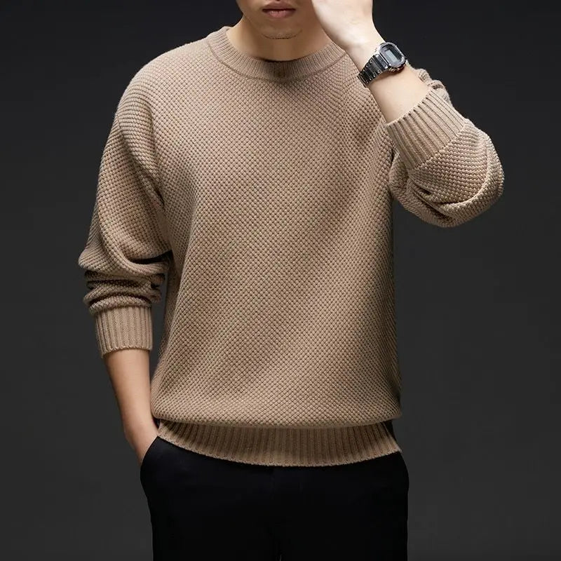 Unisex waffle knit crewneck sweater cotton blend midweight textured pattern everyday essential