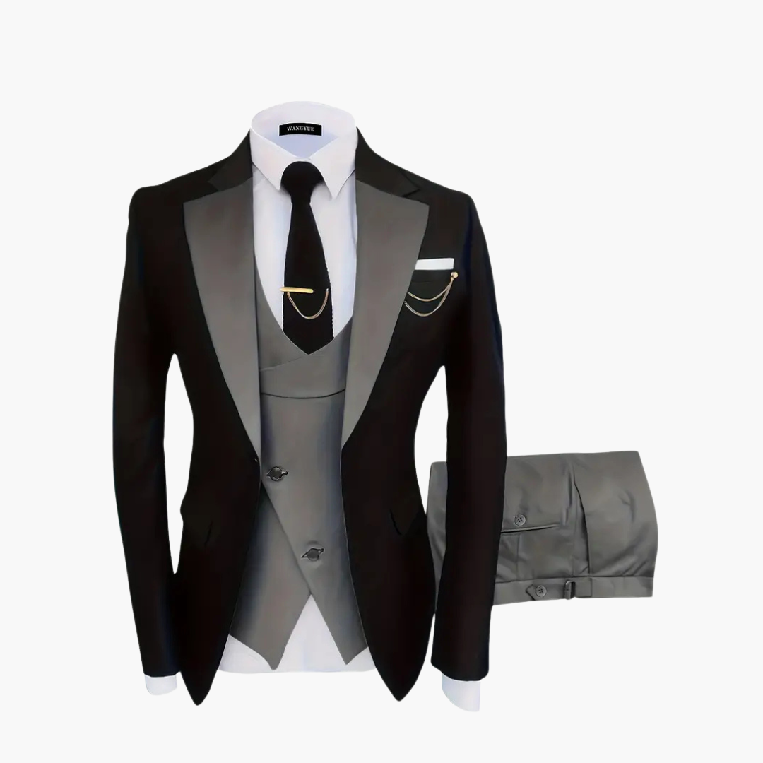 Men's slim fit three-piece wedding suit in classic neutral tone with coordinated vest for festive occasions
