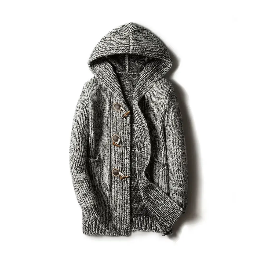 Women's chunky wool knit hooded cardigan with toggle closures and patch pockets, vintage-inspired style