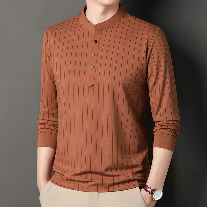 Men's slim fit pinstripe mandarin collar shirt, breathable cotton blend, wrinkle resistant office essential