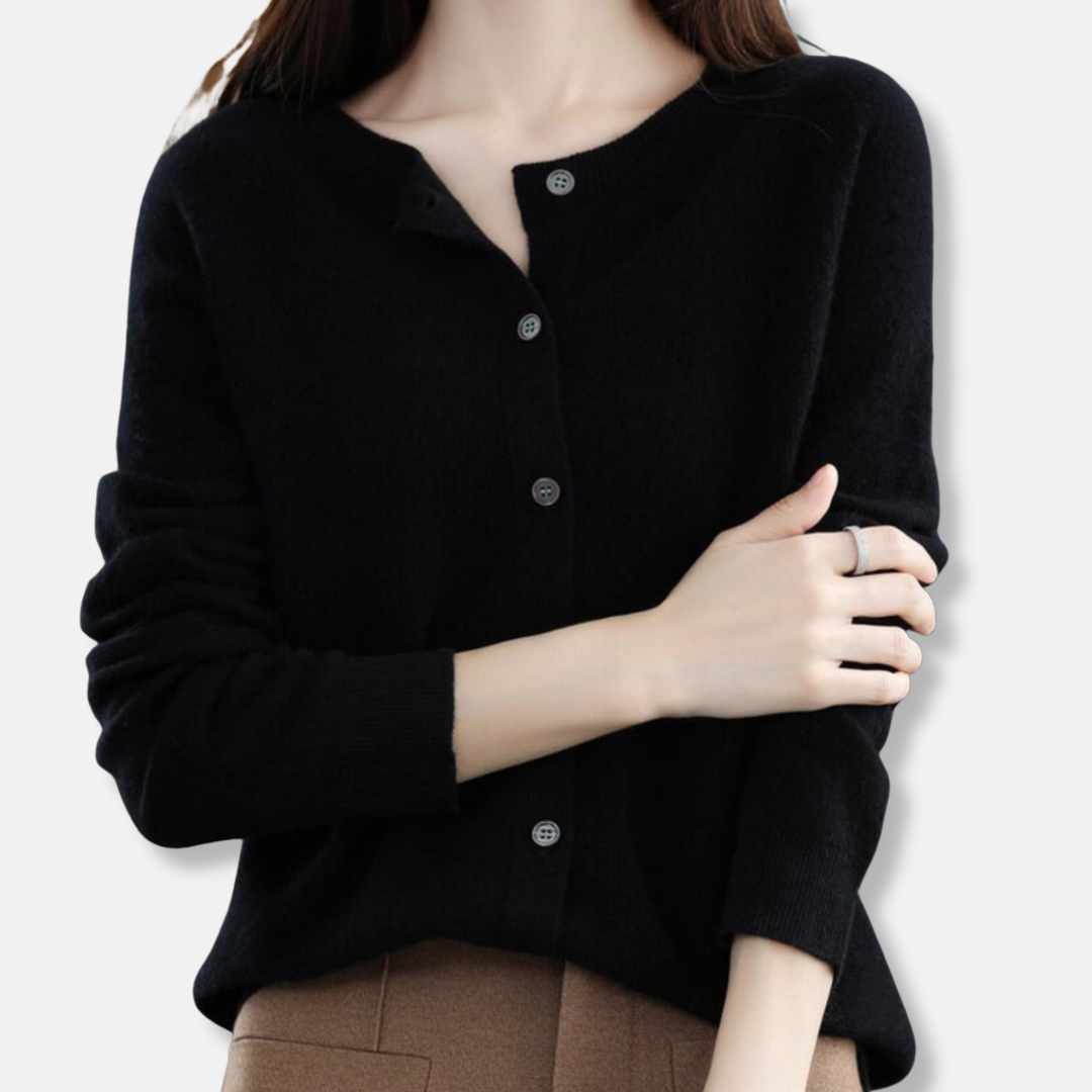 Women's merino wool cardigan regular fit button-front ribbed knit sweater in classic neutral tone