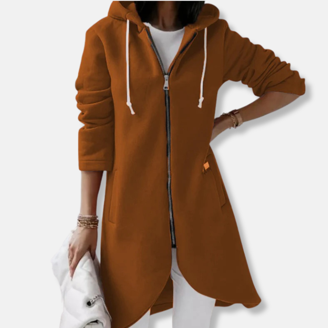 Women's hooded knit cardigan longline relaxed fit full-zip asymmetrical high-low hem casual chic