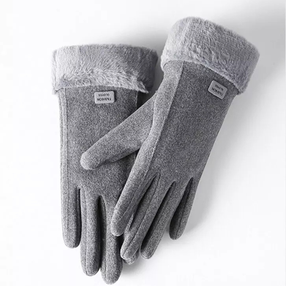 Black windproof touchscreen gloves with warm plush lining for cold weather outdoor use