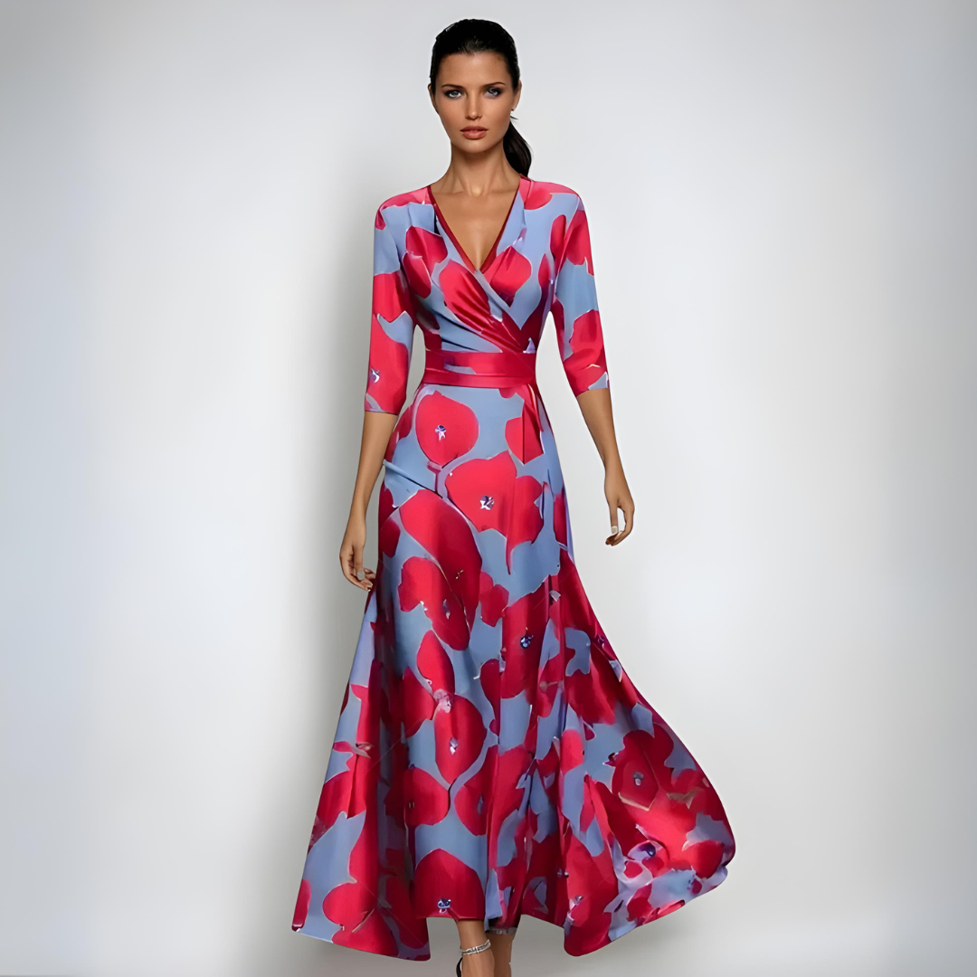 Women's floral wrap maxi dress with fluid draping, V-neck, and allover print elegant silhouette