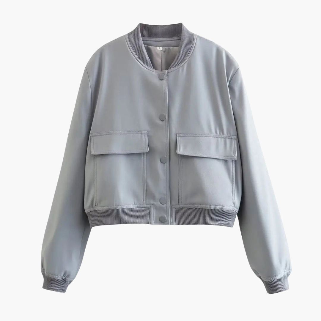 Women's olive utility bomber jacket relaxed fit with large front flap pockets for everyday layering