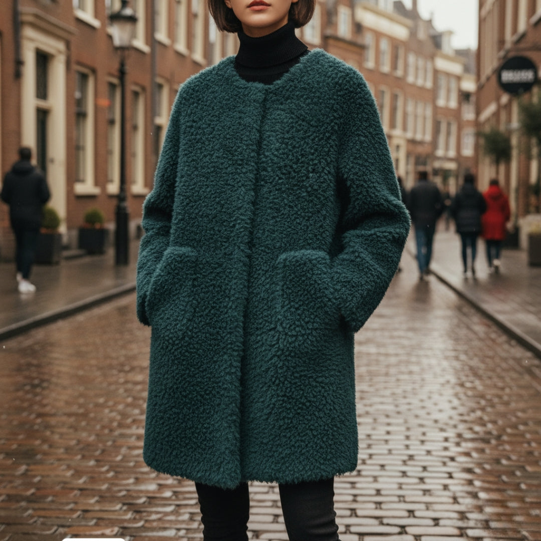 Women's oversized sherpa faux fur jacket, ultra-soft cozy winter outerwear with relaxed layering silhouette