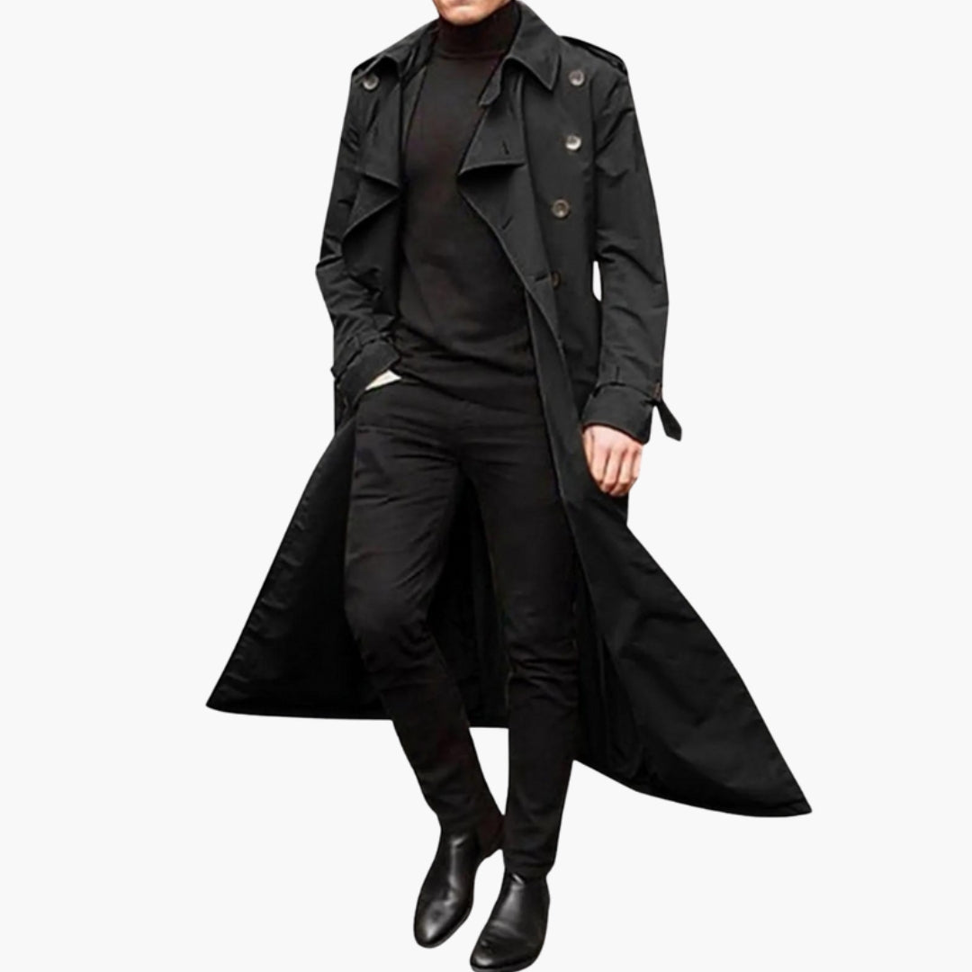 Men's ankle-length belted trench coat with wide notched lapels, classic cold weather outerwear