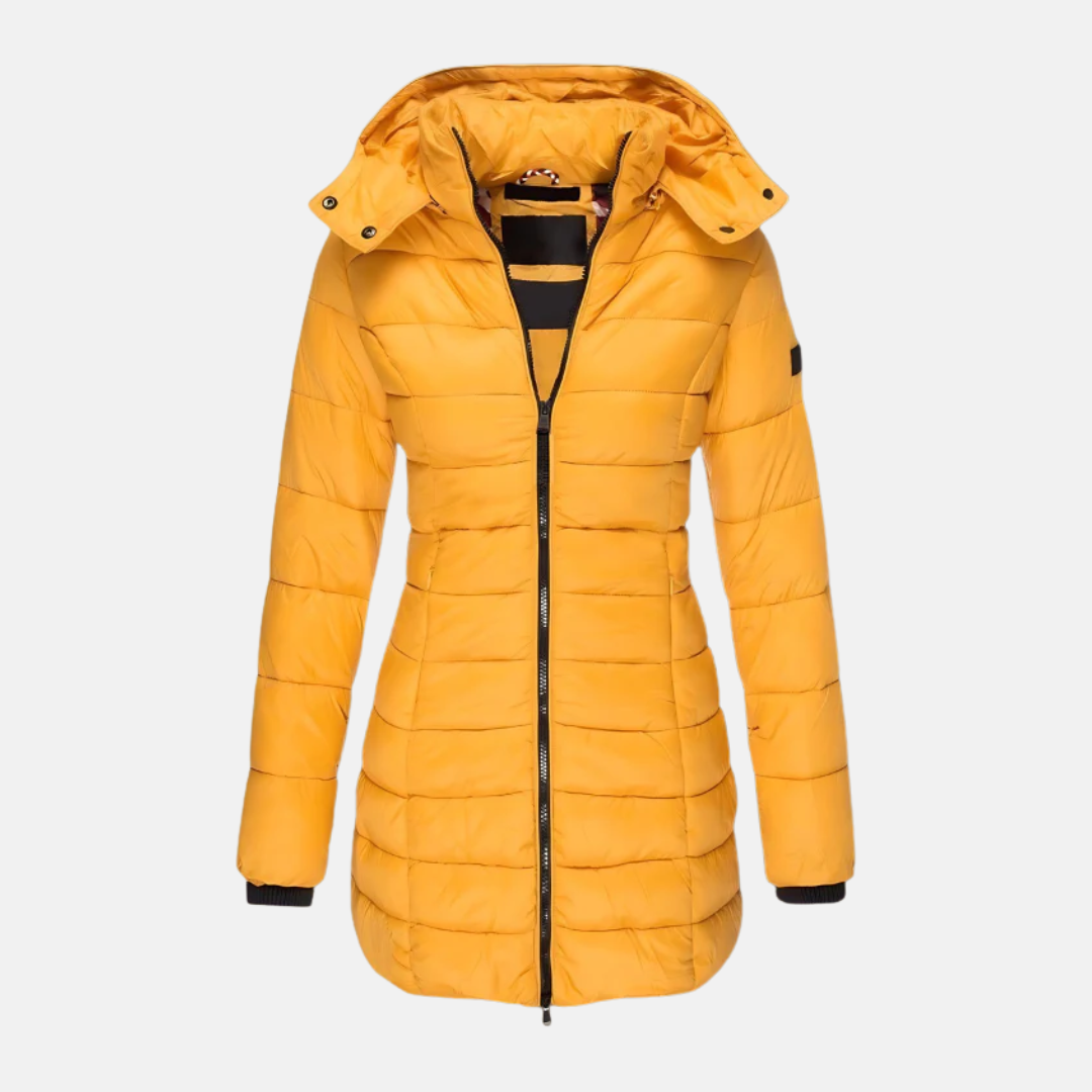 Women's slim-fit mid-length hooded puffer coat with ribbed cuffs, sleek winter insulation