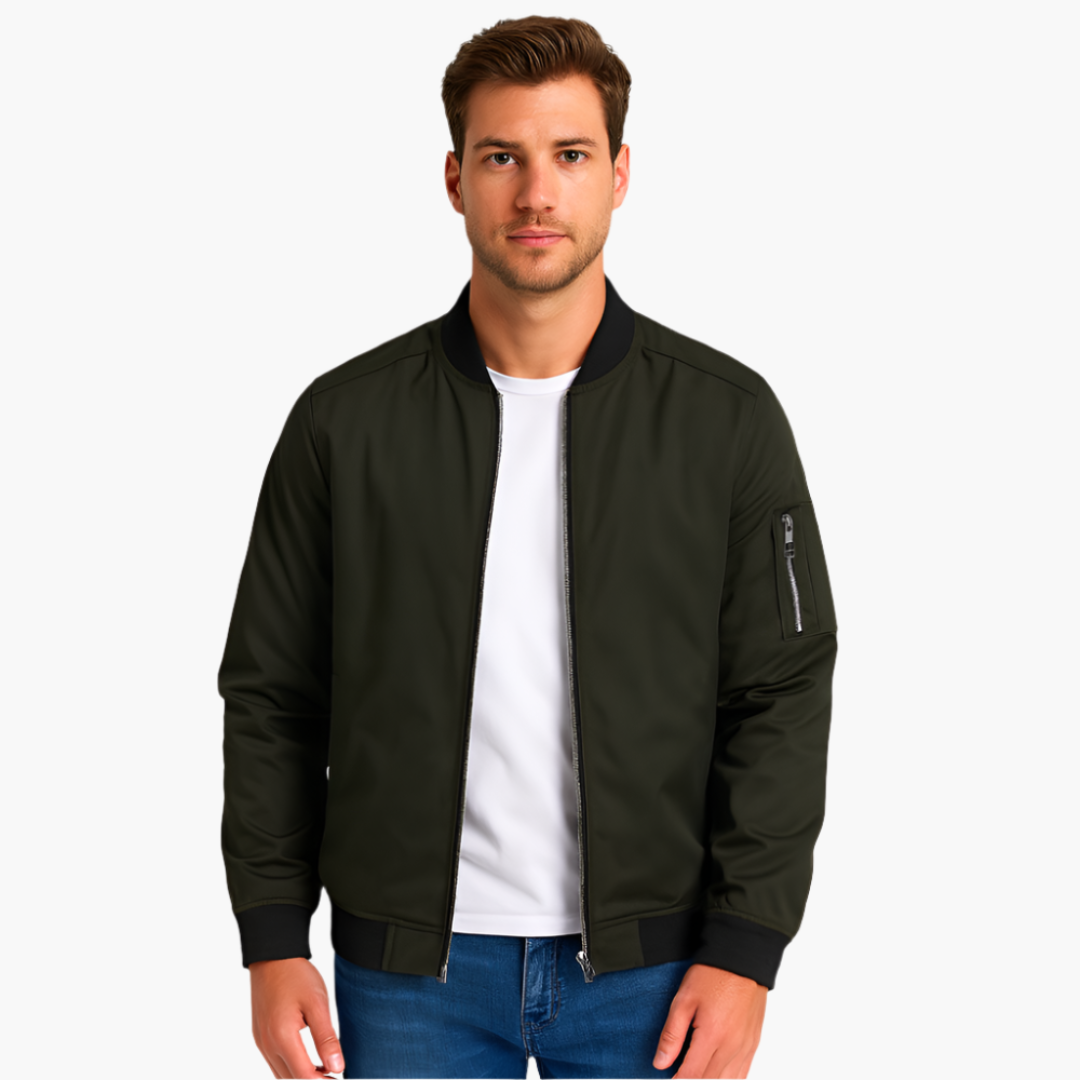 Men's casual bomber jacket with zip arm pocket, ribbed collar, hem and cuffs in versatile outerwear style