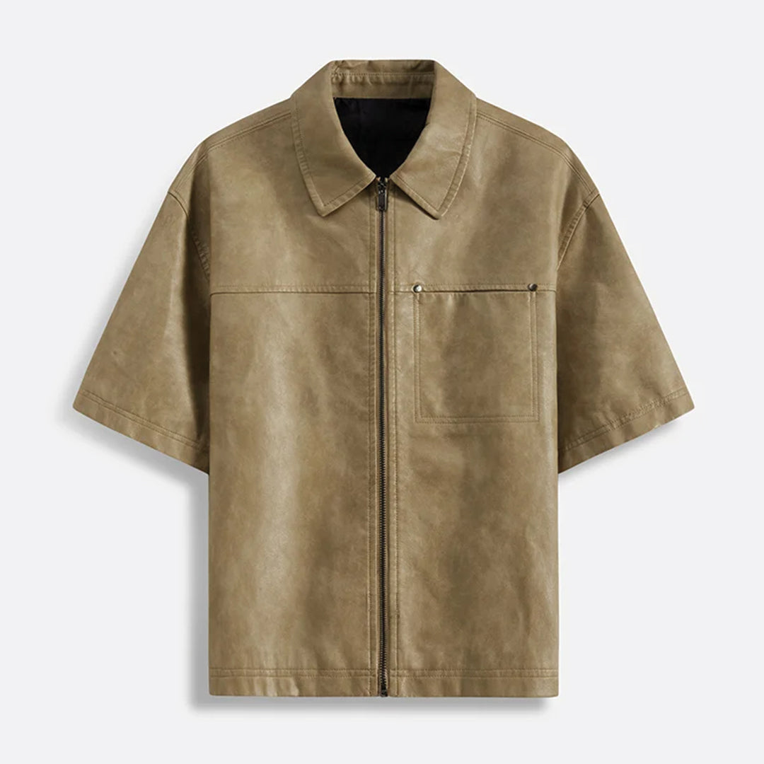 Black vegan leather oversized shirt with drop shoulders and moto-inspired zipper closure