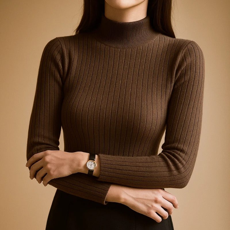 Vera Mont ivory fine rib knit sweater women half high neck lightweight structured silhouette