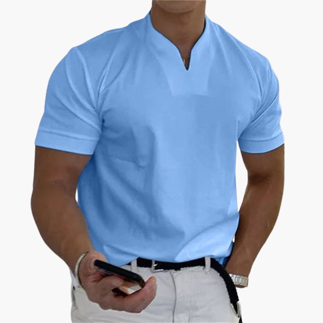 Men's slim fit short sleeve V-neck shirt, breathable moisture-wicking fabric, ideal for gym and summer