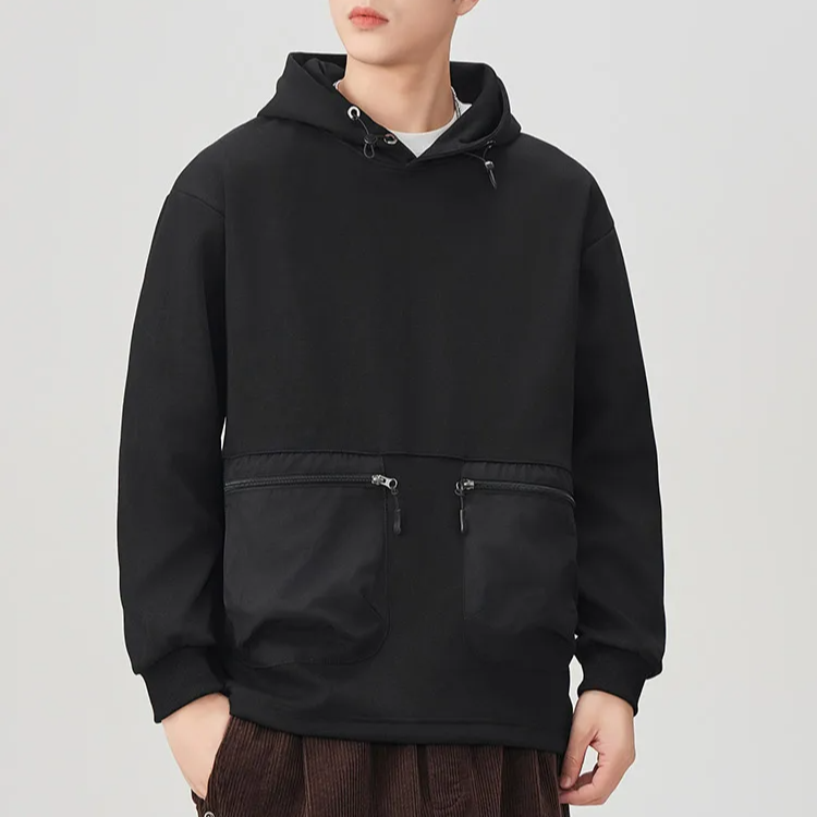 Military green pullover hoodie boxy fit contrast panels dual zip pockets techwear urban style