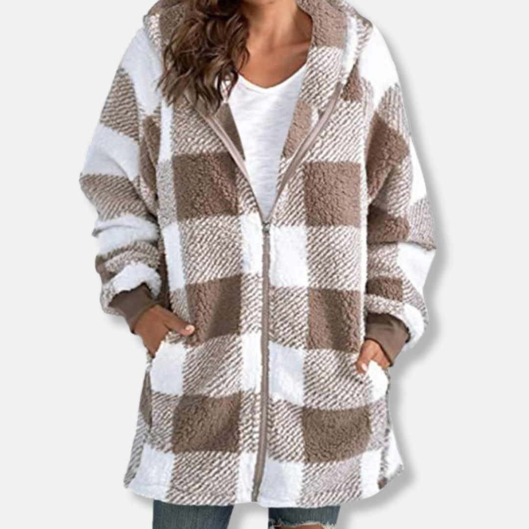 Women's oversized longline hooded knit jacket check pattern full zip cozy soft fall layer