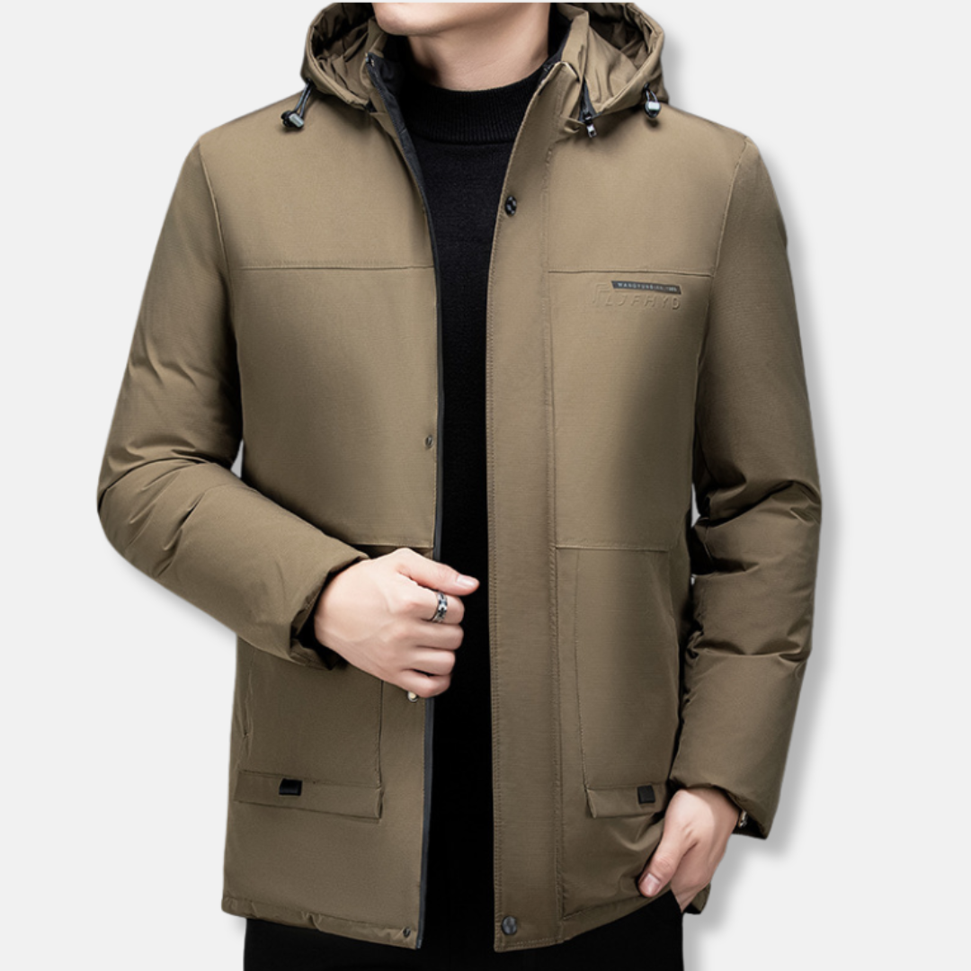 Men's insulated hooded mid-length winter coat, padded lightweight outerwear for cold weather protection