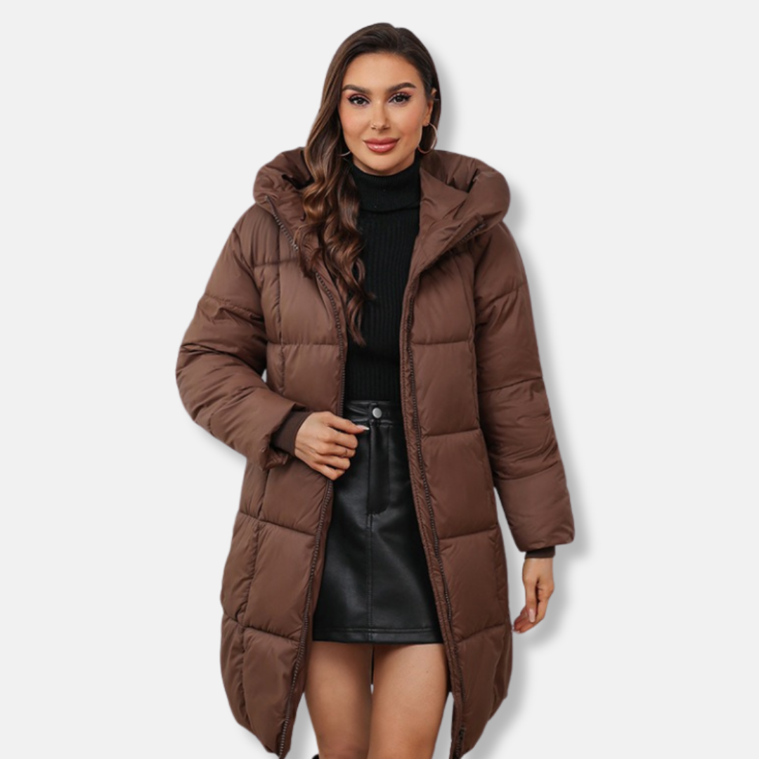 Women's slim-fit quilted mid-length hooded winter coat in insulated outerwear with streamlined silhouette