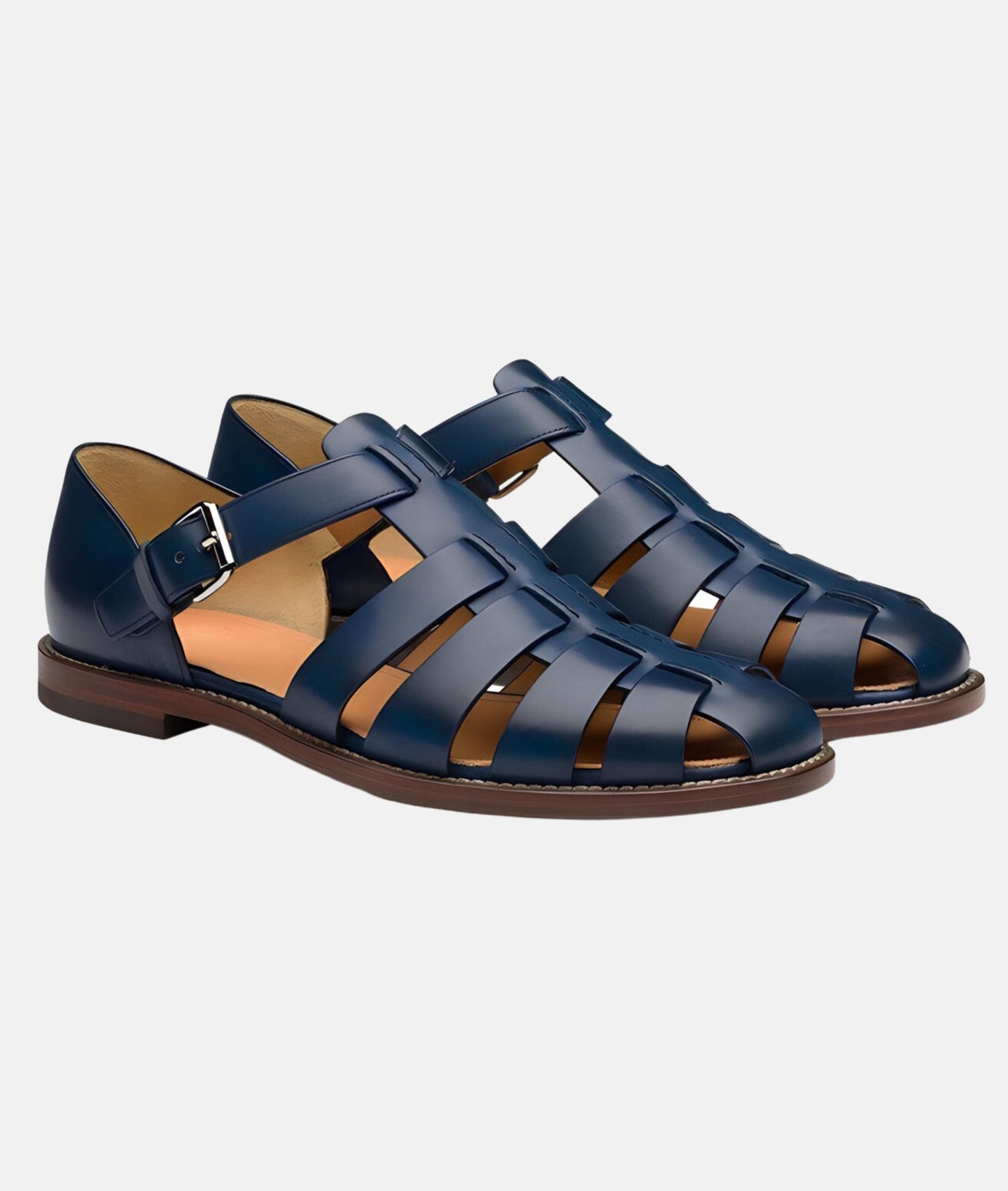 Men's brown leather closed-toe sandals with woven straps and side buckle for summer style