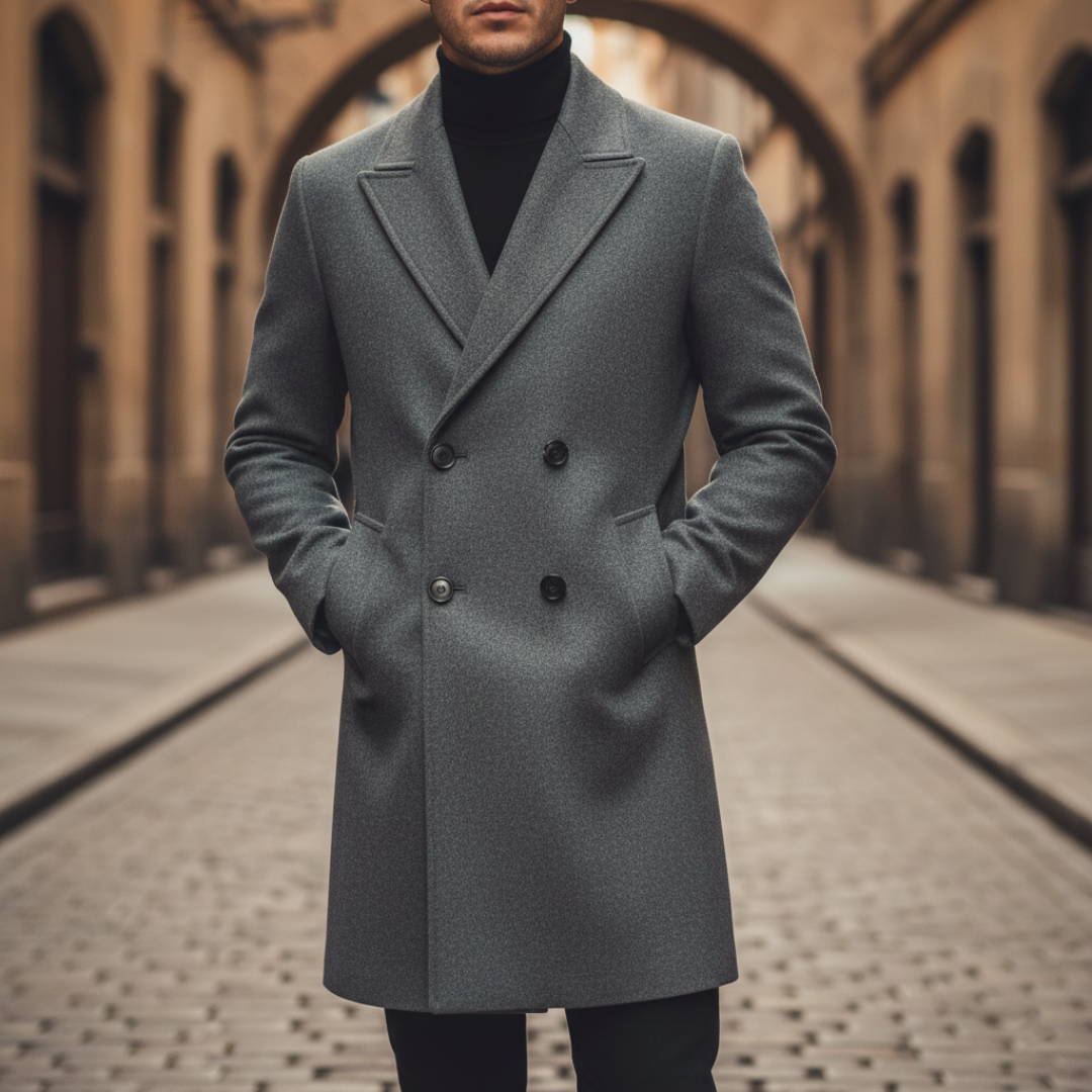Men's long double-breasted gray trench coat with maxi length epaulets and premium comfort fit