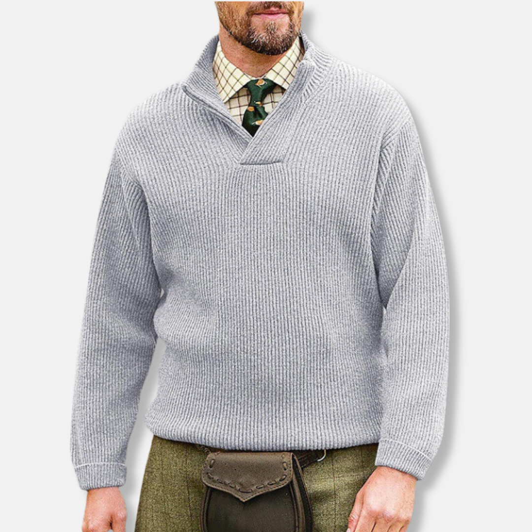 Men's gray cotton blend pullover sweatshirt loose fit stand collar V-neck long sleeve casual style