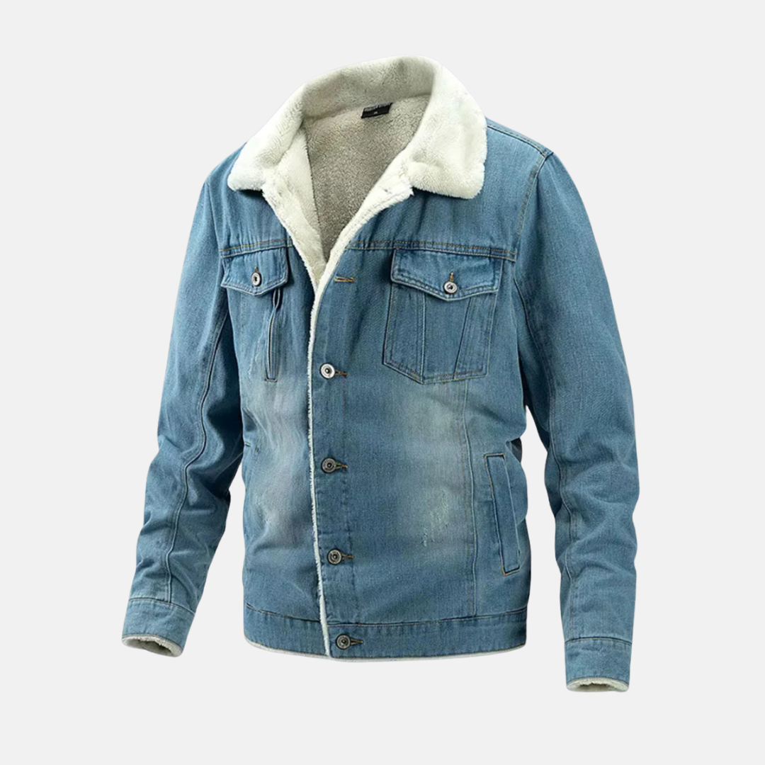Men's blue denim hip-length jacket with faux shearling lining, regular fit, front button closure