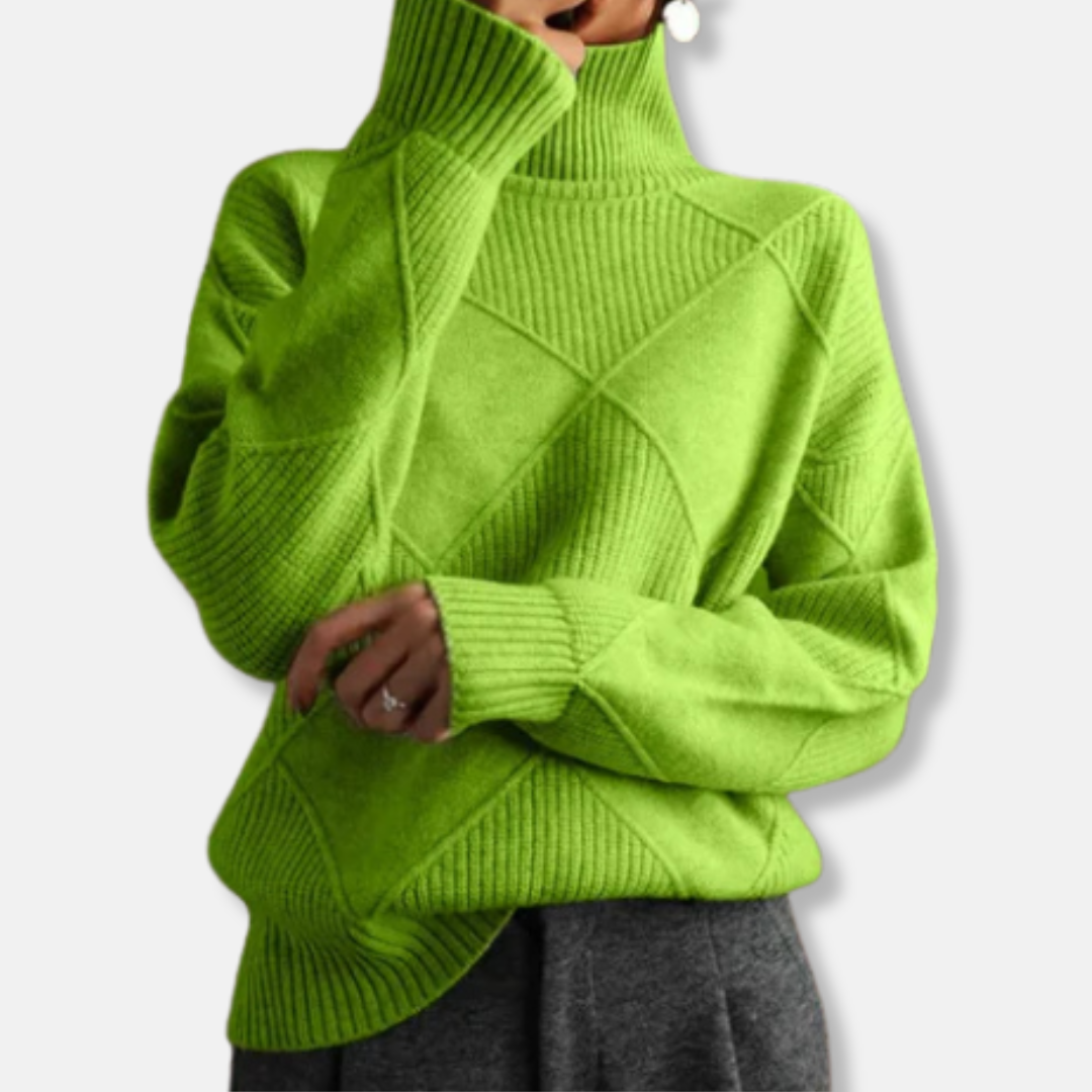 Women's relaxed fit turtleneck sweater with ribbed diamond knit texture for effortless casual style