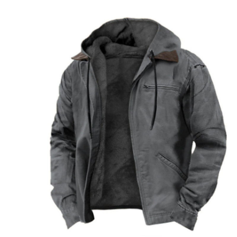 Men's casual hooded zip-up jacket with drawstring hood and front pockets, relaxed everyday fit