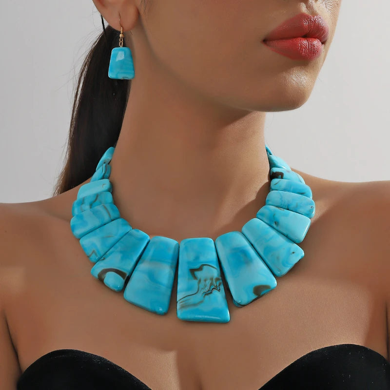 Aurora marbled resin collar necklace earring set bold geometric swirling hues statement jewelry