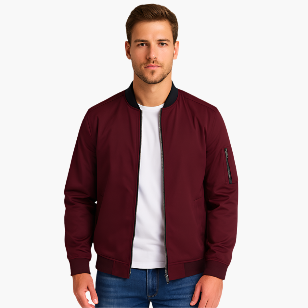 Men's bomber jacket black ribbed hem stand-up collar zip front durable everyday outerwear