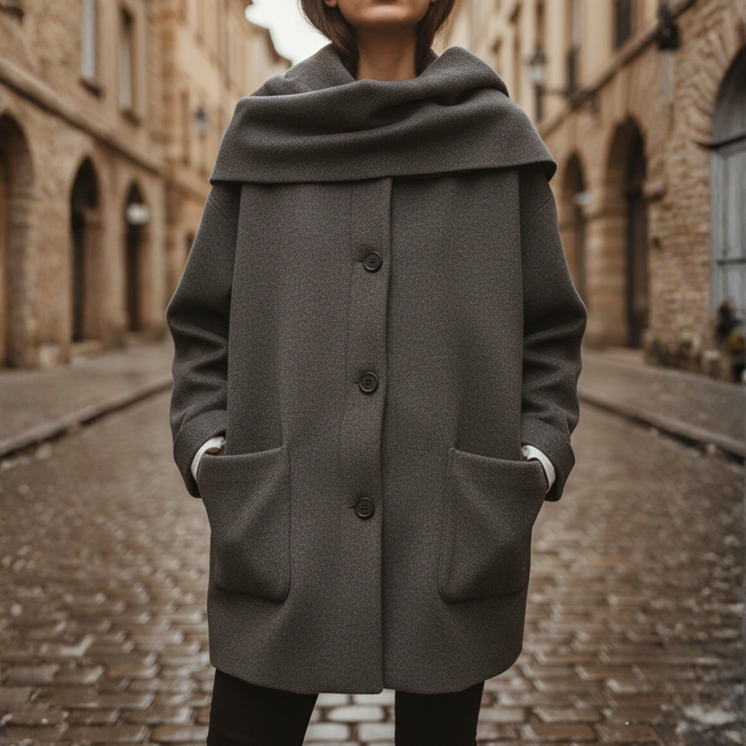 Women's short hooded coat beige oversized cape front pockets chic everyday winter style