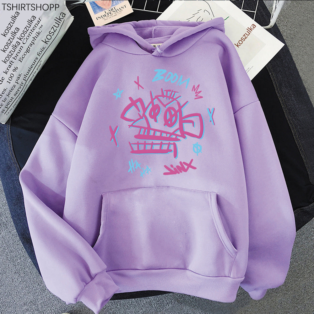Harajuku streetwear hoodie with Jinx Ekko Arcane print, soft lightweight polyester, bold anime-inspired graphic design