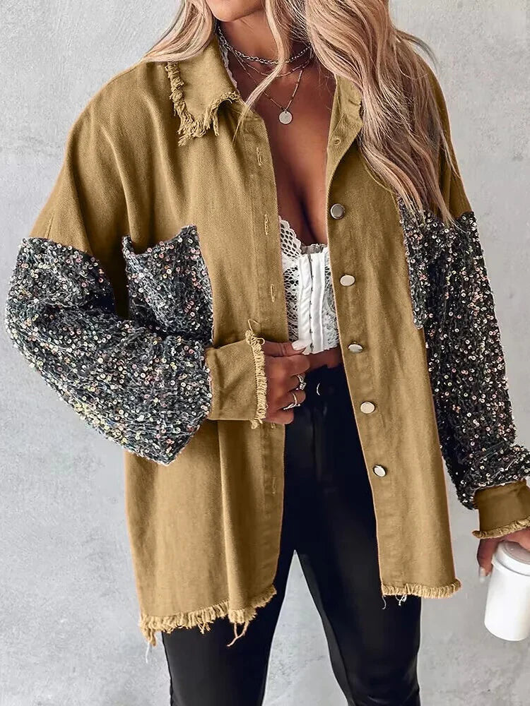 Women's sequined denim jacket with contrast sparkle detail, street style everyday outerwear