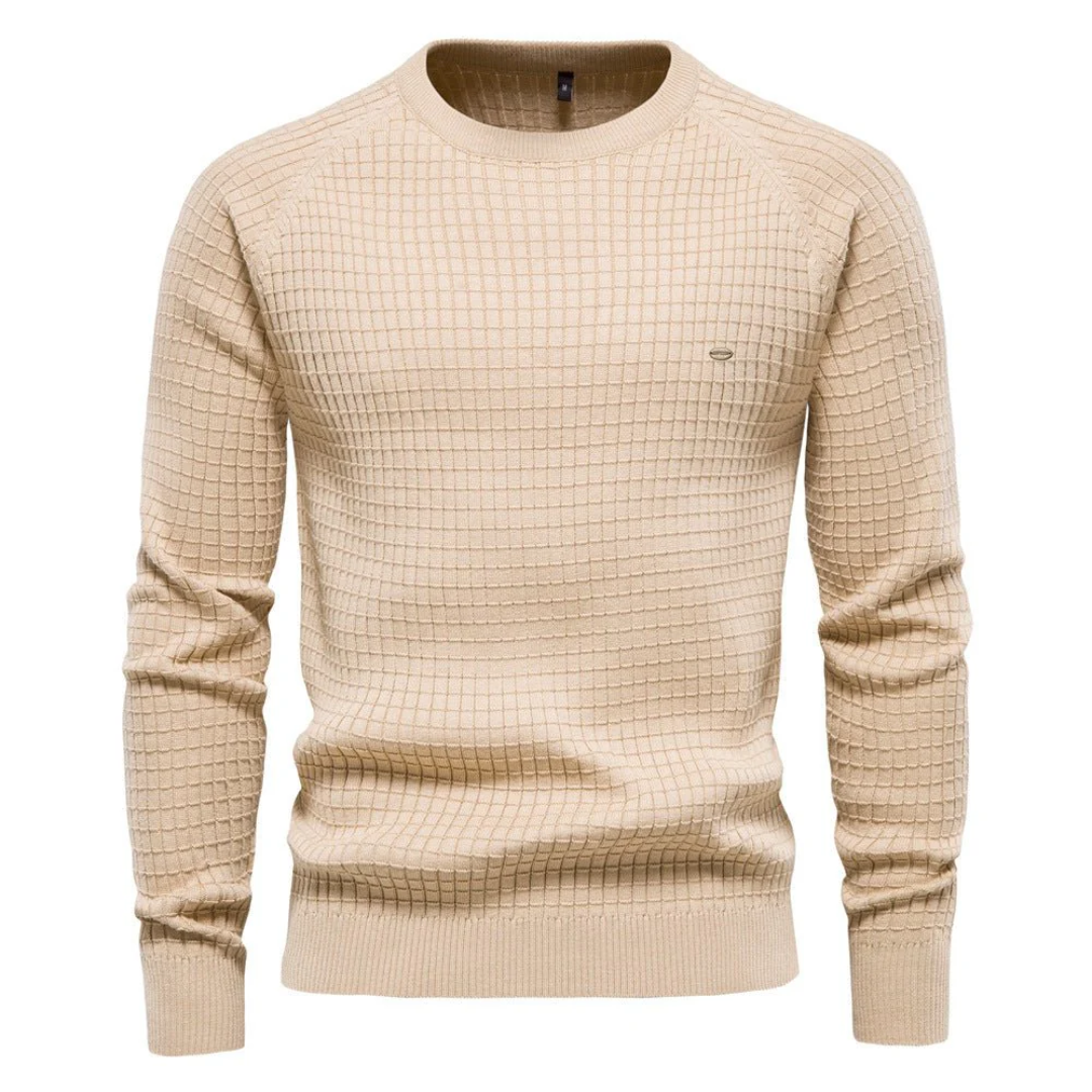 Men's classic knit pullover sweater in neutral tone, long sleeve smart-casual everyday warmth