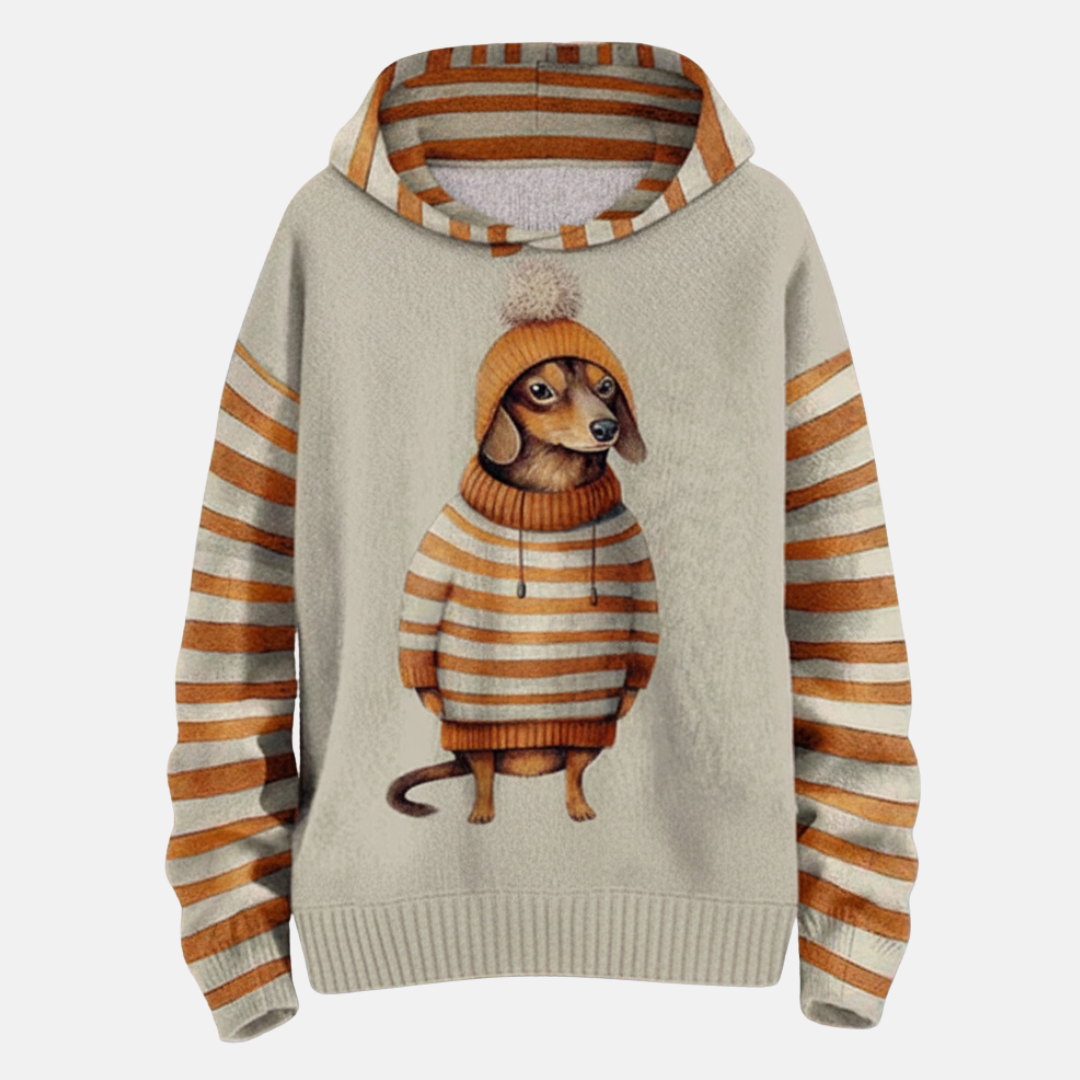 Women's loose fit fleece hoodie gray striped sleeves playful dog motif cozy casual style