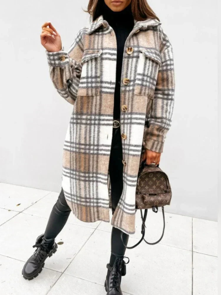 Long relaxed-fit checked jacket in classic plaid, sustainable unisex outerwear with longline silhouette