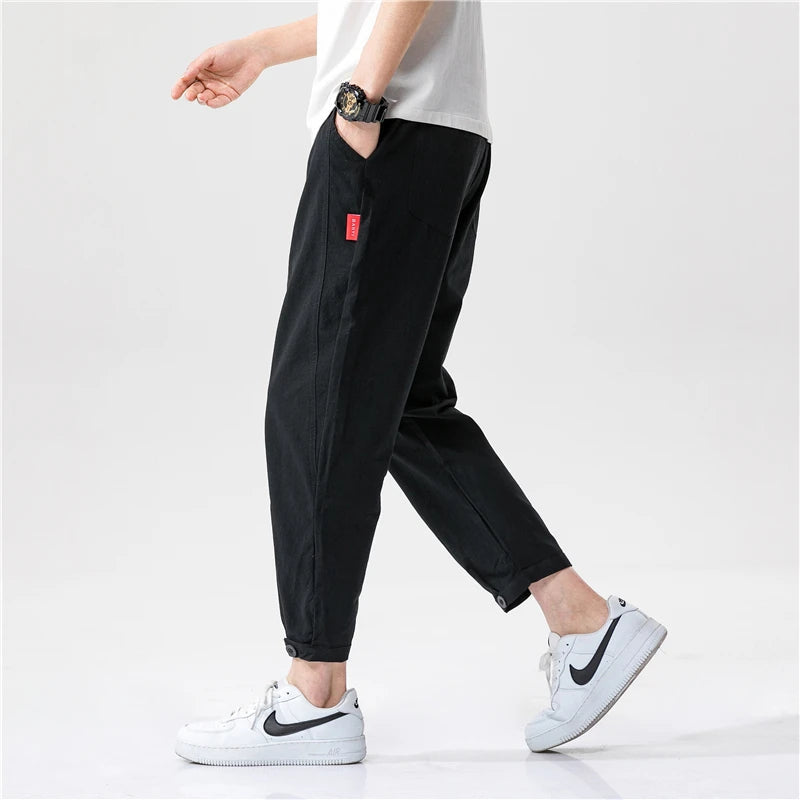 Men's tapered jogger pants lightweight cotton drawstring waist patch pockets modern slim fit