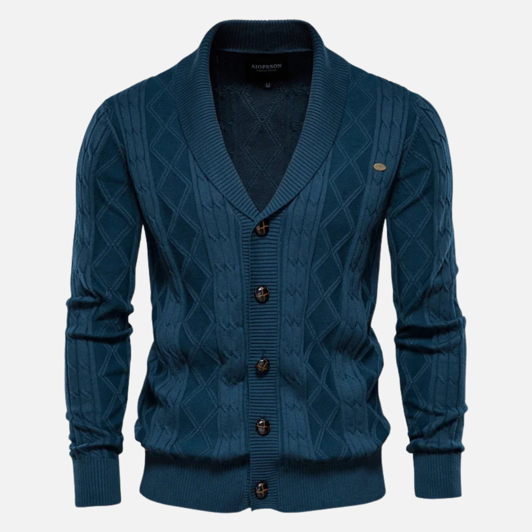 Men's argyle knit cardigan navy blue shawl collar cotton blend classic pattern timeless style