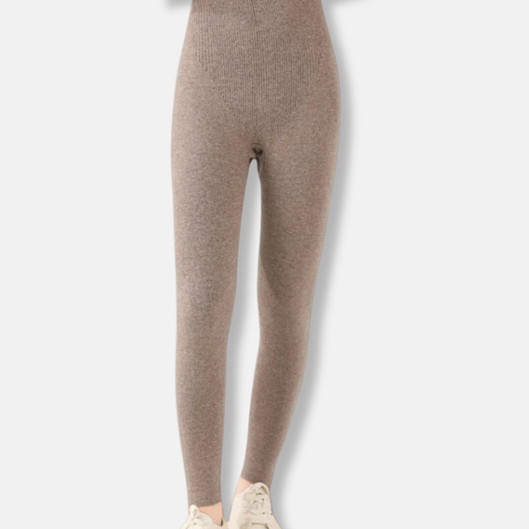 Women's slim fit stretch knit leggings in neutral tone with ribbed waistband for all-day workout comfort