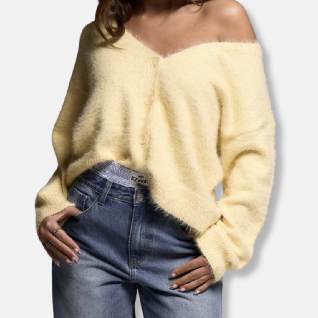Women's oversized brushed knit cardigan in cozy V-neck style with single-button closure