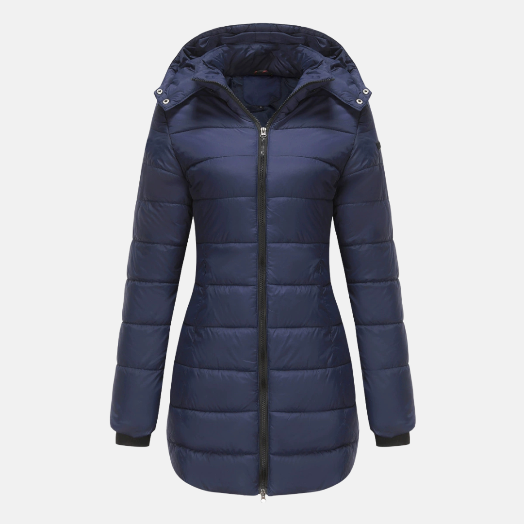 Women's mid-length quilted puffer jacket with detachable hood and ribbed cuffs for cozy winter warmth