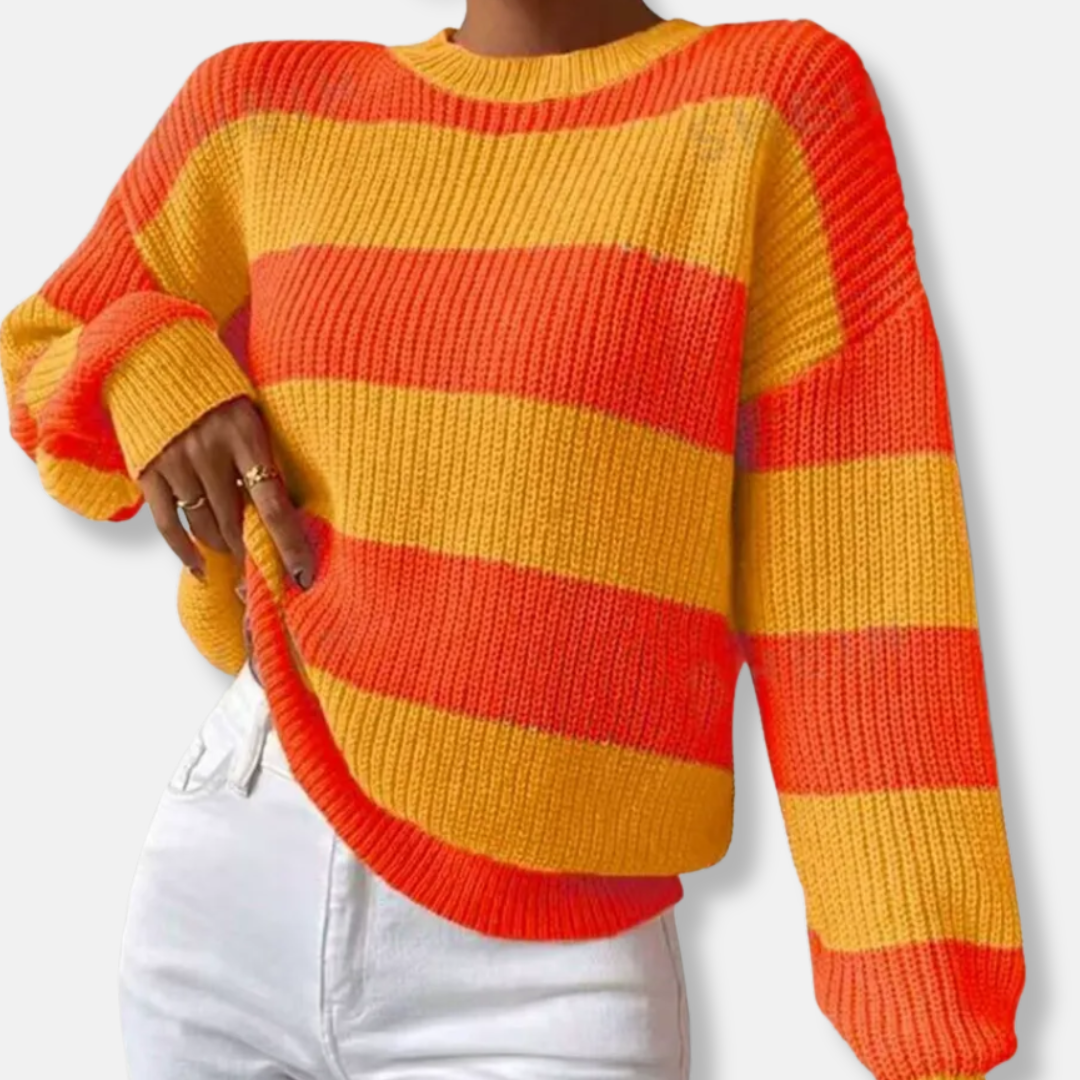 Women's striped ribbed-knit sweatshirt loose fit balloon sleeves round neck cozy everyday wear