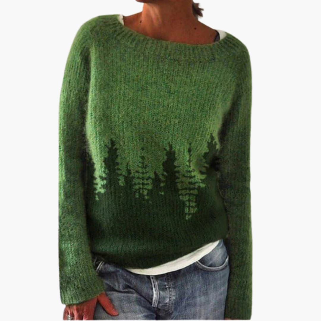 Women's cozy knit sweater round neck tree pattern long sleeves everyday casual top