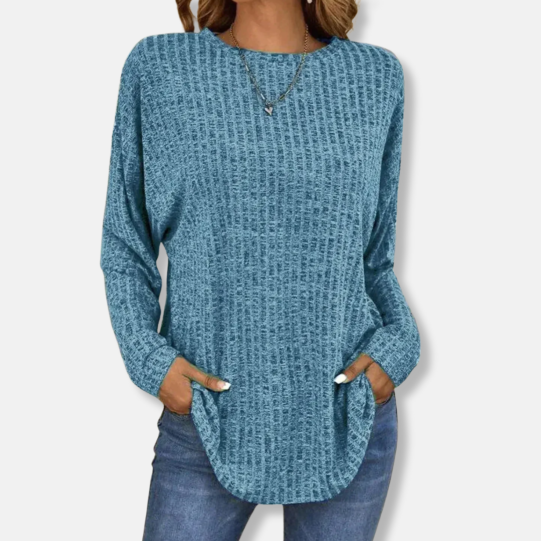 Women's ribbed knit pullover top relaxed fit long sleeve curved hem cozy fall winter sweater