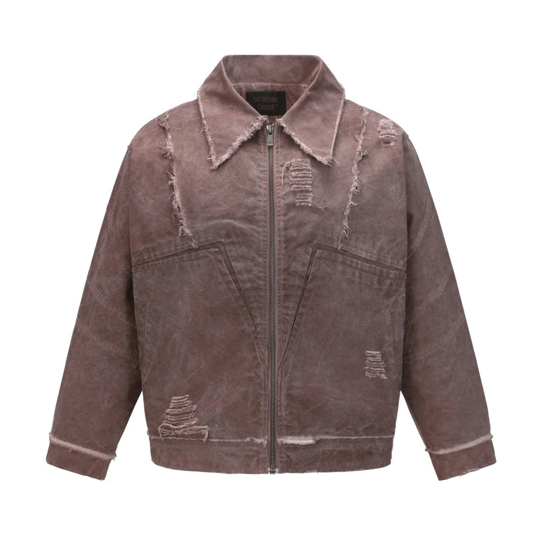 Muted cotton textured jacket with frayed seams, oversized pockets and raw hem minimalist layering
