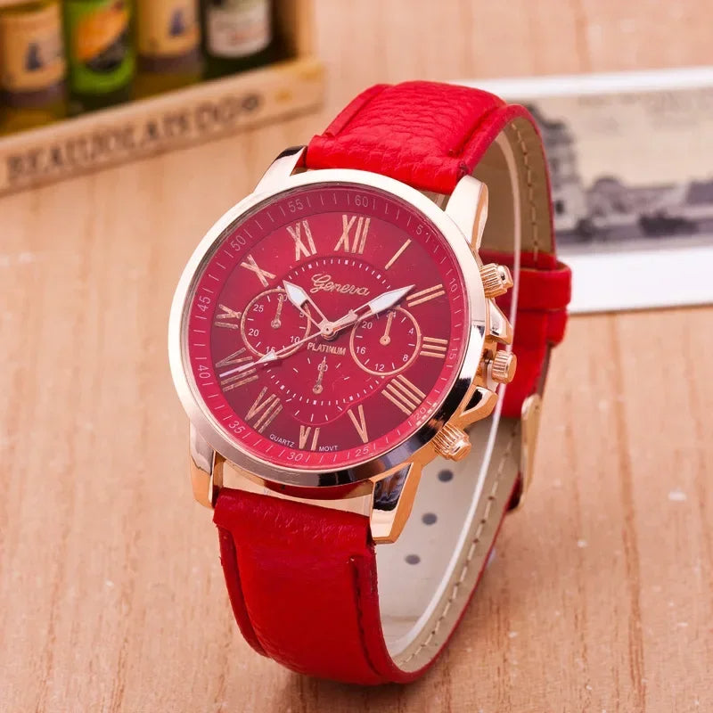 Geneva women's chronograph watch bold color dial gold case vibrant strap Roman numeral face