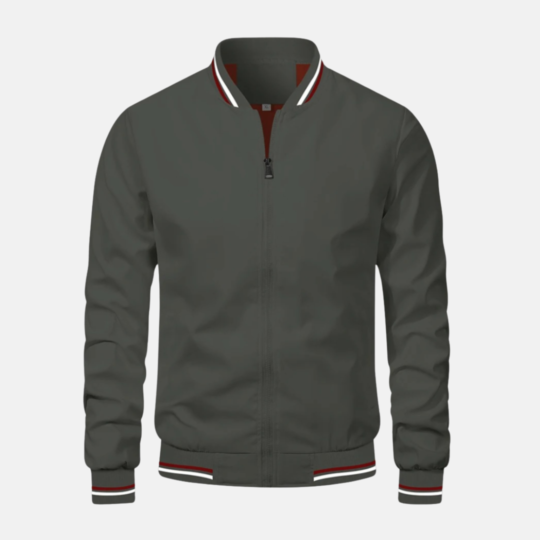 Men's black PU leather bomber jacket relaxed fit with striped ribbed edges and zip closure