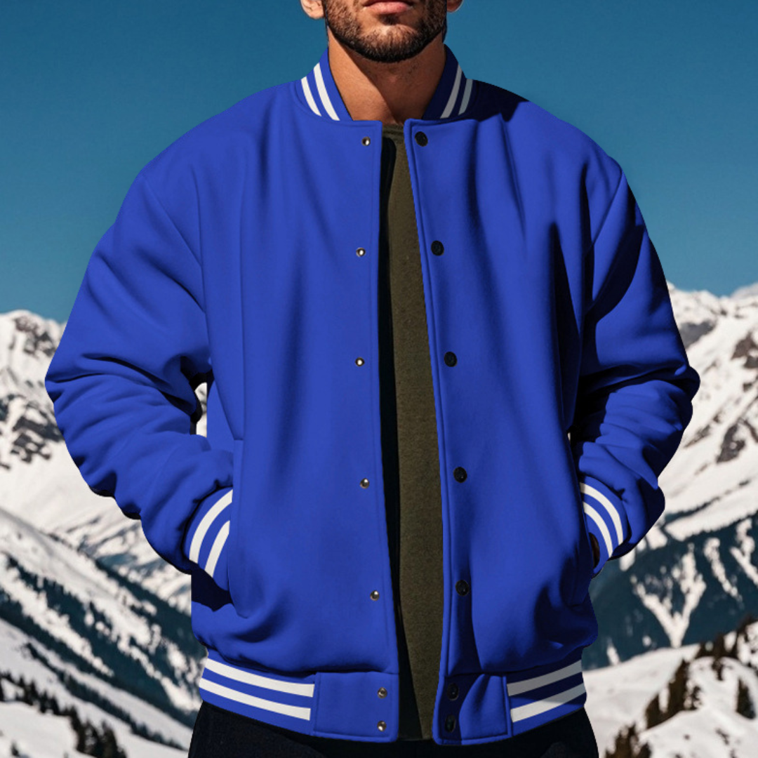 Men's smooth polyester bomber jacket with stand collar, snap button closure, relaxed-fit silhouette