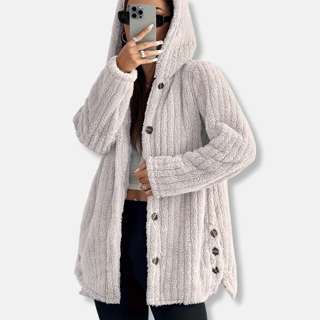 Women's plush faux shearling hooded coat loose fit button front mid-length soft textured warmth