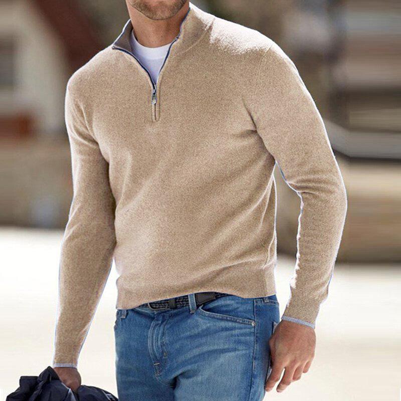 Men's relaxed fit half-zip knit sweater in neutral tone, soft acrylic wool blend for cozy layering