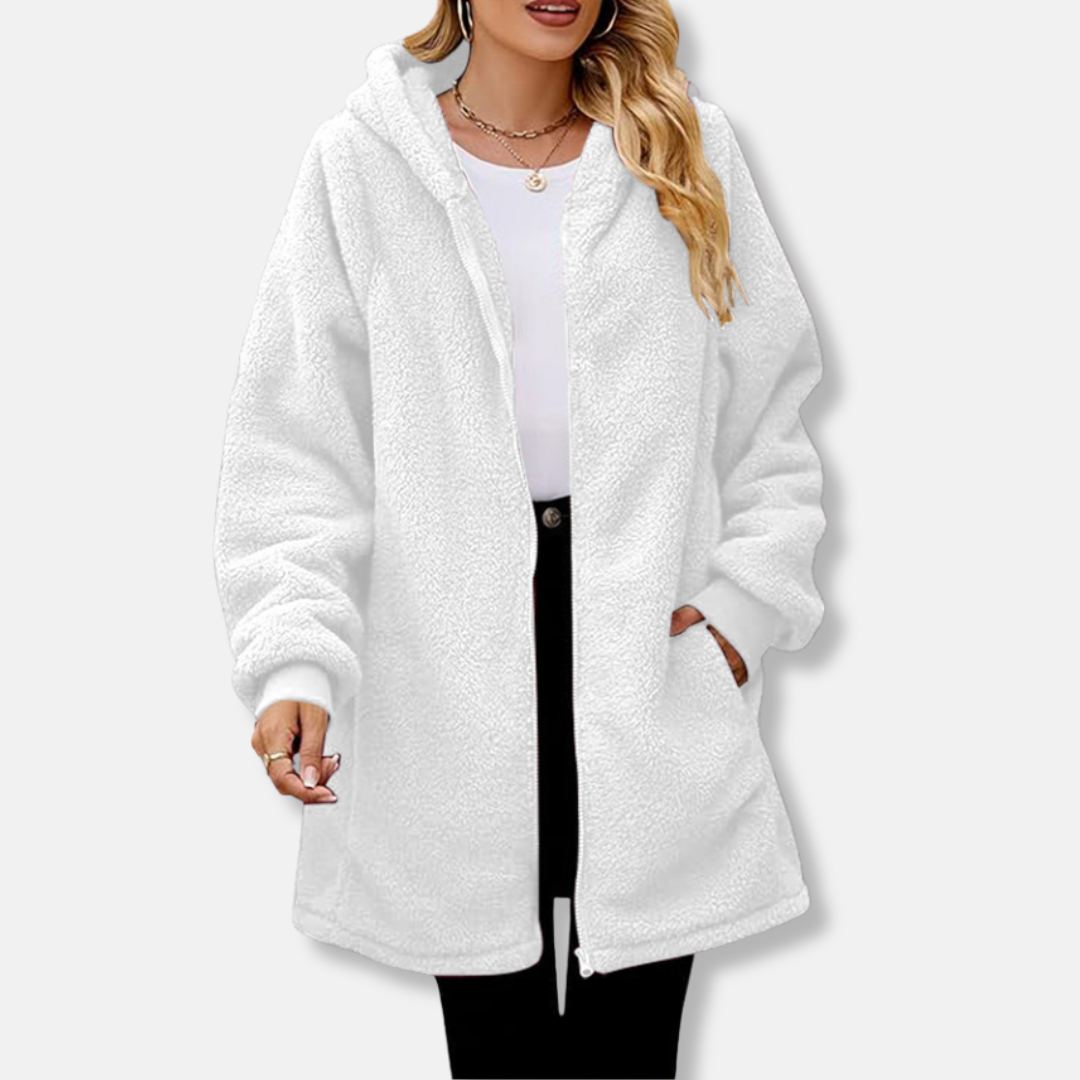 Women's plush oversized hooded zip-up jacket in cozy fabric with front pockets for fall winter